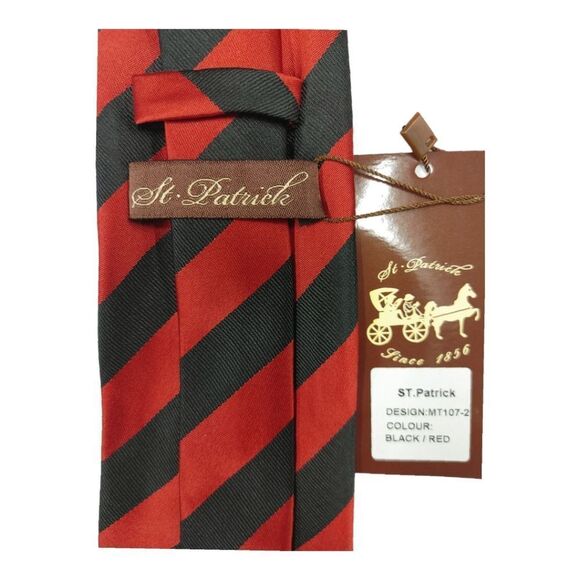 MEN'S ST. PATRICK BLACK/RED DIAGONAL STRIPE TIE AND POCKET SQUARE SET. - Picture 3 of 4